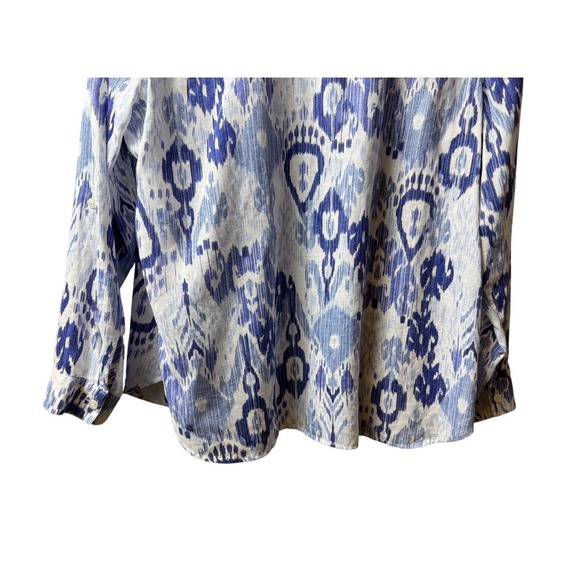 Chico's Womens No Iron Linen Ikat Print Button Down Shirt Blue White Size 3XL - Picture 10 of 14